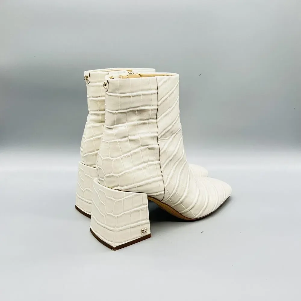Sam Edelman Boots Womens 7.5 White Croc Embossed Leather Ankle Zip Block Heel